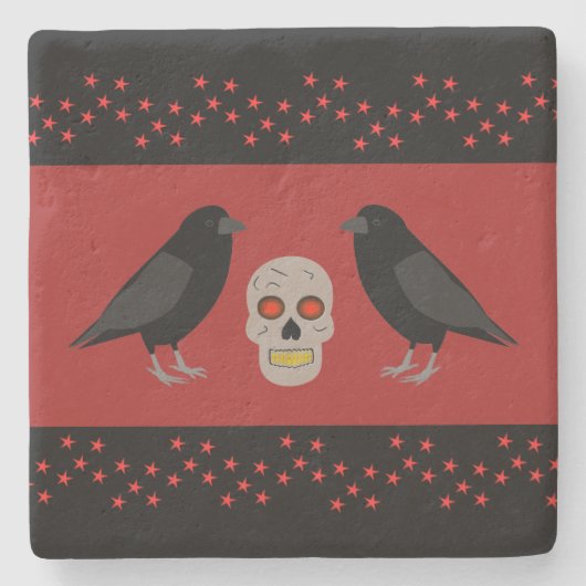 Gothic Skull and Guardian Ravens Halloween Steinuntersetzer (Vorderseite)