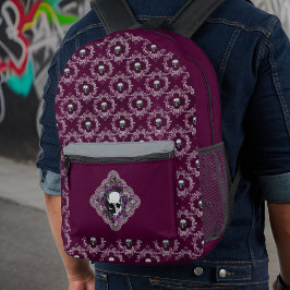 Gothic Skull and Lace Damask Grau Lila Auggplant Bedruckter Rucksack