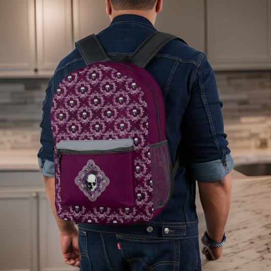 Gothic Skull and Lace Damask Grau Lila Auggplant Bedruckter Rucksack