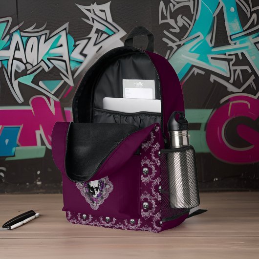 Gothic Skull and Lace Damask Grau Lila Auggplant Bedruckter Rucksack