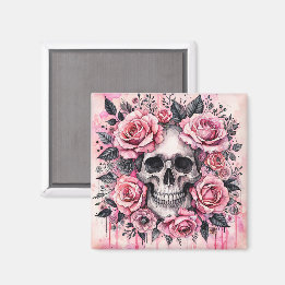 Gothic Skull and Pink Roses Wasserfarbe Kunst Magnet