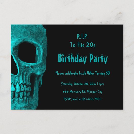 Gothic Skull Aquamarin Black Birthday RIP bis zu s Einladungspostkarte (Vorderseite)