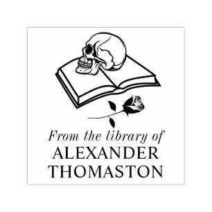 Gothic Skull auf Open Book mit Rose S Library Name Permastempel