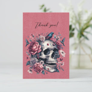 Gothic Skull Birds Blume auf Rose Rot Vielen Dank Dankeskarte