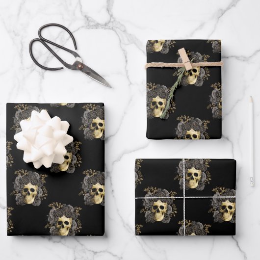 Gothic Skull Black & Gold Glitzer Rose Geschenkpapier Set (Vorderseite)