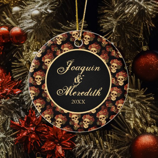 Gothic Skull Black Red Monogram Halloween Keramik Ornament