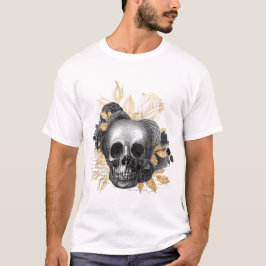 Gothic Skull Black Rose mit goldenen Blätter T-Shirt