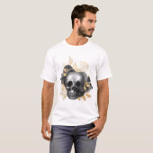 Gothic Skull Black Rose mit goldenen Blätter T-Shirt (Vorne ganz)