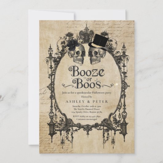 Gothic Skull Booze oder Boos aus erwachsenem Hallo Einladung (Vorderseite)