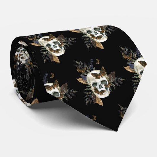 Gothic Skull Botanical Black Krawatte (Gerollt)