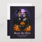 Gothic Skull Candy Couple Wedding Save the Date Ankündigungspostkarte (Vorne/Hinten)
