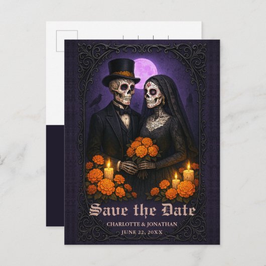Gothic Skull Candy Couple Wedding Save the Date Ankündigungspostkarte (Vorne/Hinten)