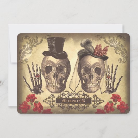 Gothic Skull Couple Day of the Dead Wedding Einlad Einladung (Vorderseite)