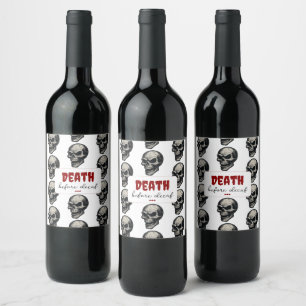 Gothic Skull "Death Before Decaf" Spooky Funny - Weinetikett