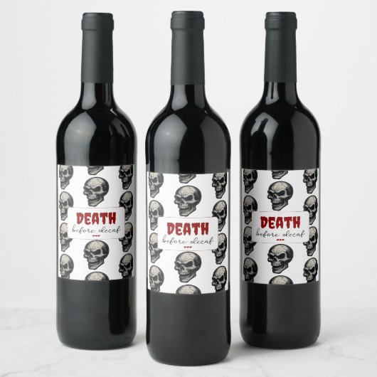 Gothic Skull "Death Before Decaf" | Spooky Funny - Weinetikett (Flaschen)