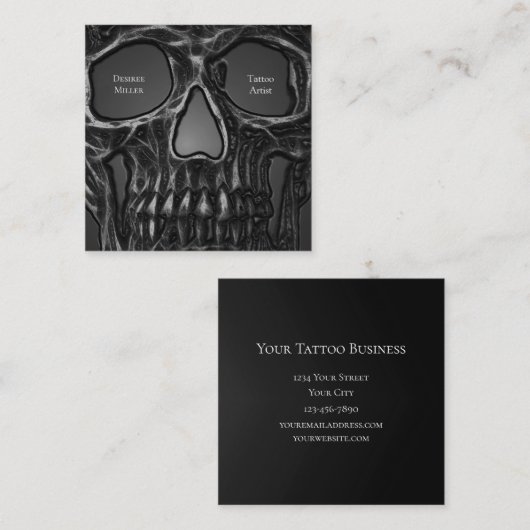 Gothic Skull Face Gray Metallic Cool Tattoo Shop Quadratische Visitenkarte (Vorne/Hinten)