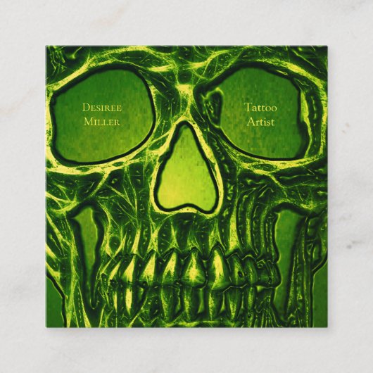 Gothic Skull Face Green Neon Metallic Tattoo Shop Quadratische Visitenkarte (Vorderseite)