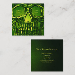 Gothic Skull Face Green Neon Metallic Tattoo Shop Quadratische Visitenkarte