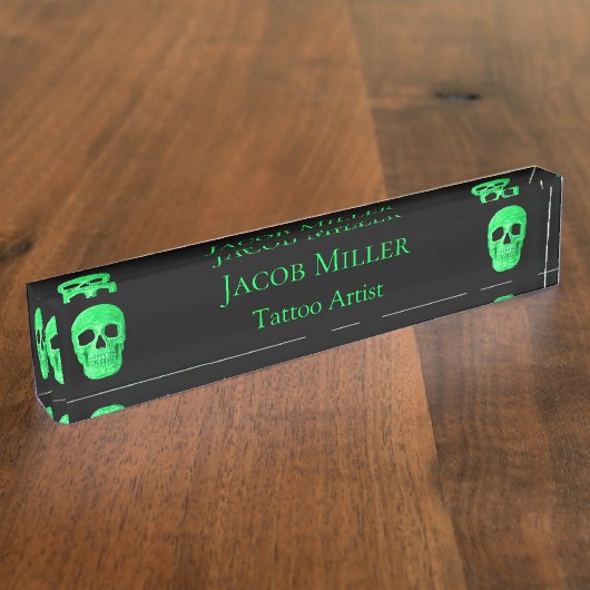 Gothic Skull Face Neon Green Black Tattoo Shop Namensplakette (Seite)