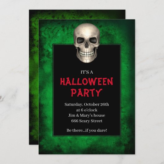 Gothic Skull Green Grunge Halloween-Party Einladung (Vorne/Hinten)