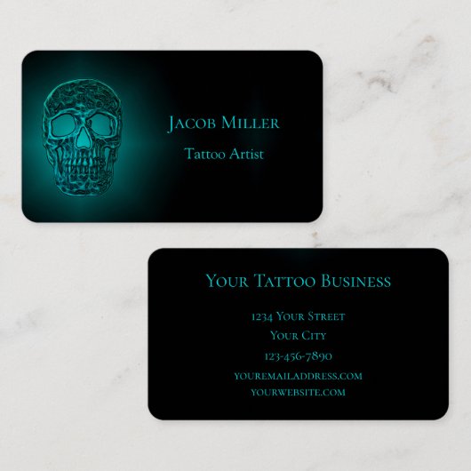 Gothic Skull Head Aquamarin Green Tattoo Shop Visitenkarte (Vorne/Hinten)