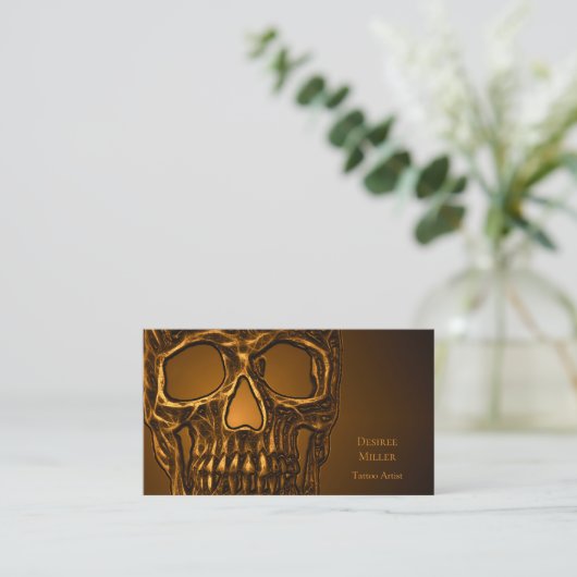 Gothic Skull Head Gold Metallic Tattoo Shop Visitenkarte (Stehend Vorderseite)
