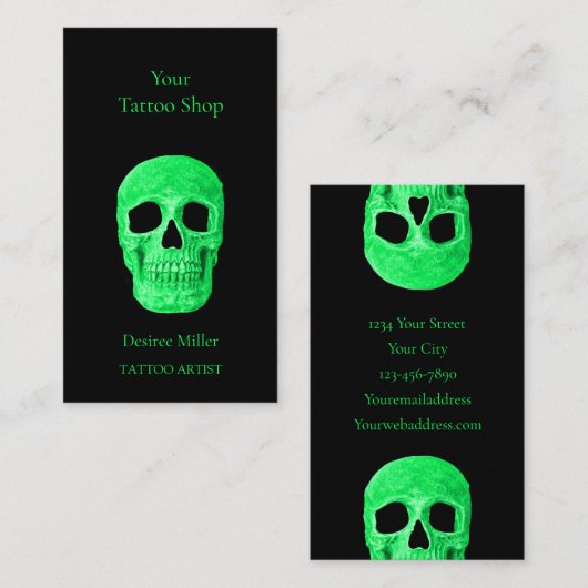 Gothic Skull Head Green Neon Black Tattoo Shop Visitenkarte (Vorne/Hinten)