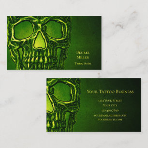 Gothic Skull Head Green Neon Metallic Tattoo Shop Visitenkarte
