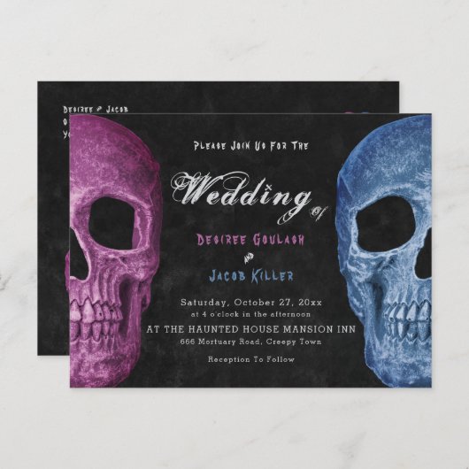 Gothic Skull Head Pink Blue Hallowedding Einladungspostkarte (Vorne/Hinten)