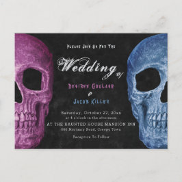 Gothic Skull Head Pink Blue Hallowedding Einladungspostkarte