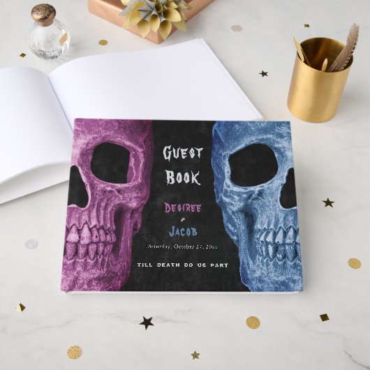 Gothic Skull Head Pink Blue Hallowedding Gästebuch (Vorderseite Offen)