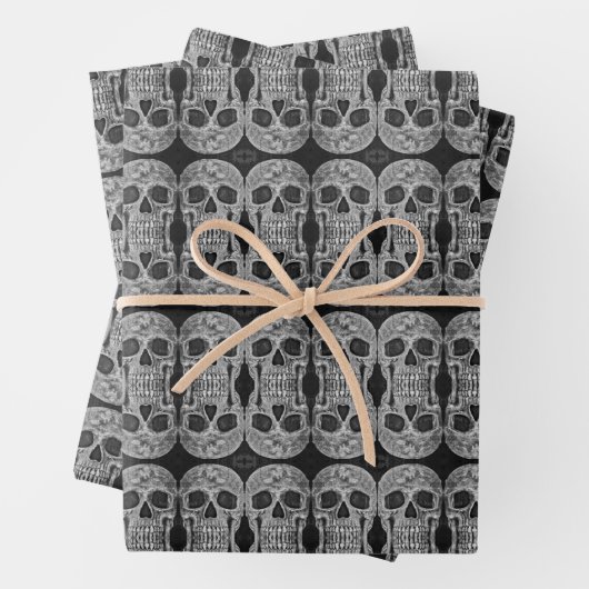 Gothic Skull Kopf Schwarz-Weiß Abstraktes Muster Geschenkpapier Set (Beispiel)
