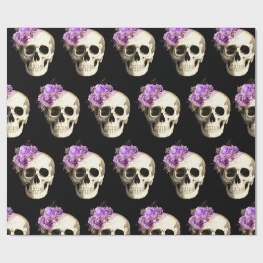 Gothic Skull Lila Rose Muster Halloween Geschenkpapier (Flach)