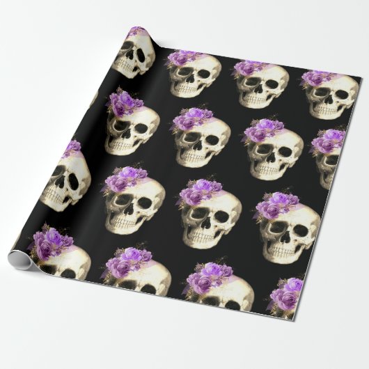 Gothic Skull Lila Rose Muster Halloween Geschenkpapier (Ungerollt)