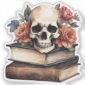 Gothic Skull mit Büchern und Blume Wasserdicht Aufkleber (Vorderseite)