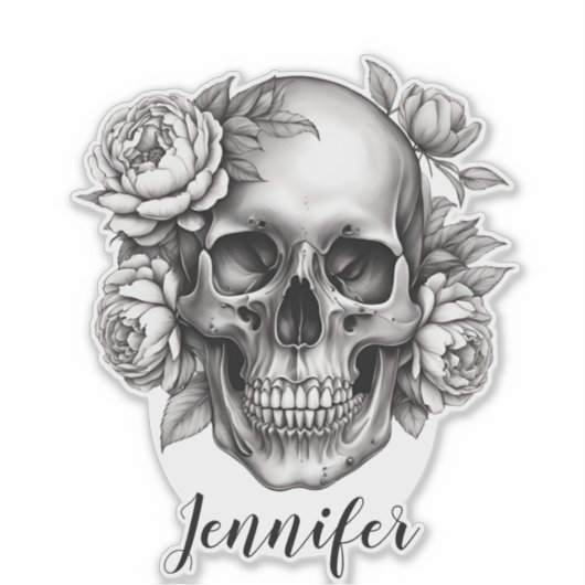 Gothic Skull mit Peonies Monogram wasserdicht Aufkleber (Vorderseite)