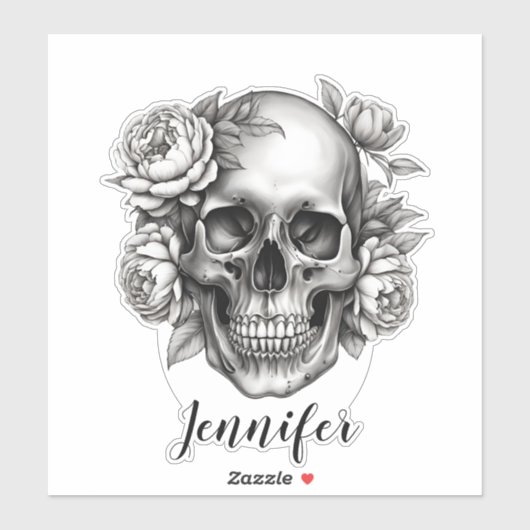 Gothic Skull mit Peonies Monogram wasserdicht Aufkleber (Blatt)