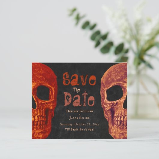 Gothic Skull Orange Black Budget Save the Date (Stehend Vorderseite)