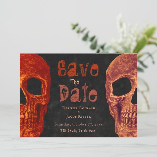 Gothic Skull Orange Black Halloween Save the Date (Stehend Vorderseite)