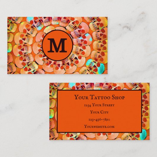 Gothic Skull Orange Black Pop Art Muster Monogram Visitenkarte (Vorne/Hinten)