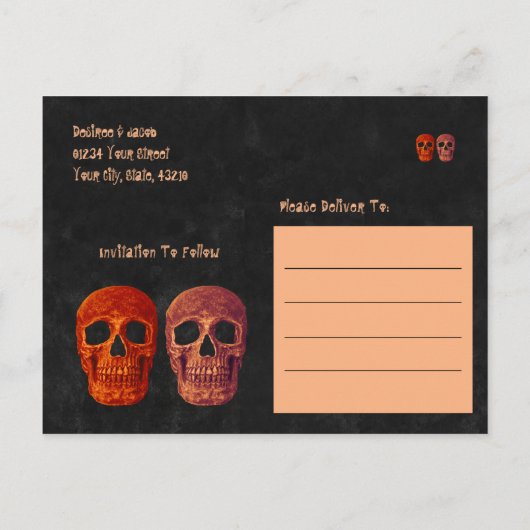 Gothic Skull Orange Black Save the Date Ankündigungspostkarte (Rückseite)