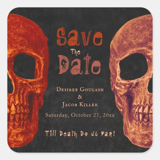 Gothic Skull Orange Black Save the Date Quadratischer Aufkleber (Vorderseite)