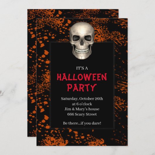 Gothic Skull Orange Spritzer Halloween-Party Einladung (Vorne/Hinten)