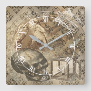 Gothic Skull, Owls und Candle Ephemera Quadratische Wanduhr
