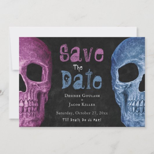 Gothic Skull Pink Blue Halloween Save the Date (Vorderseite)
