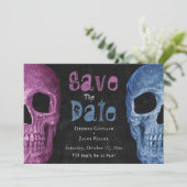 Gothic Skull Pink Blue Halloween Save the Date (Stehend Vorderseite)