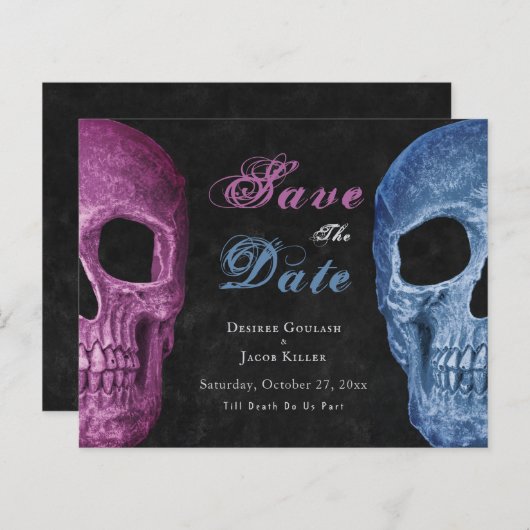 Gothic Skull Pink Blue Hallowing Save the Date (Vorne/Hinten)