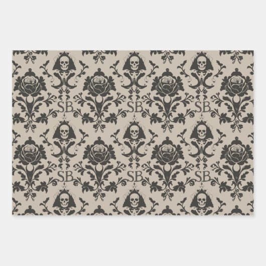Gothic Skull & Rose Dark Viktorianisch Damask Must Geschenkpapier Set (Vorderseite)