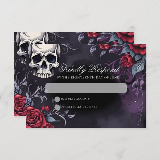 Gothic Skull & Rose Elegante Dunkle Hochzeit RSVP Karte (Vorne/Hinten)