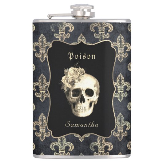Gothic Skull Rose Personalisiert Flask Flachmann (Vorderseite)